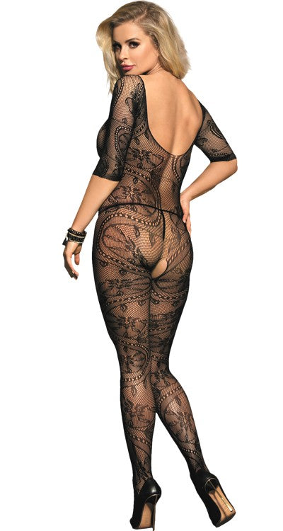 Short Sleeved Leaf Lace Bodystocking