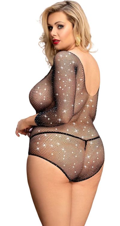 Sleeved Fishnet Hot Fix Rhinestone Body (Plus Size)