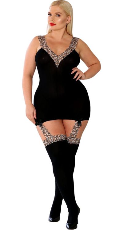 Opaque Garter Dress Bodystocking with Leopard Trim (Plus Size)