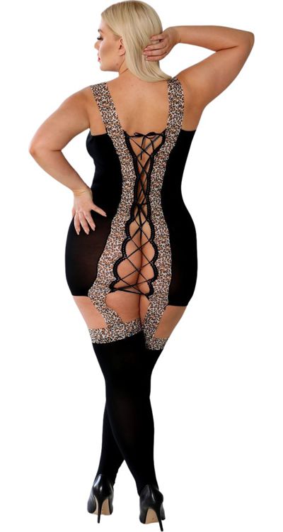 Opaque Garter Dress Bodystocking with Leopard Trim (Plus Size)