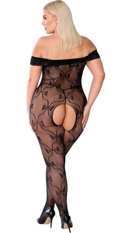 Shoulderless Fishnet Bodystocking with Bow Design (Plus Size)