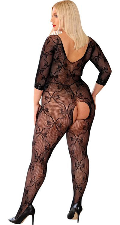 Short Sleeved Bow Lace Bodystocking (Plus Size)