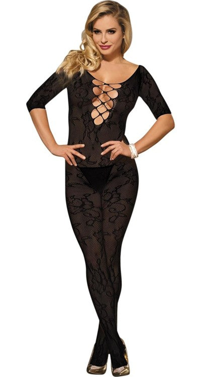 Short Sleeved Leaf Lace Bodystocking