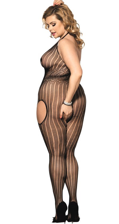 Halter Striped Lace Bodystocking with Cut Out Sides (Plus Size)