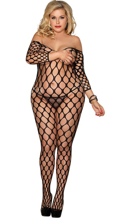 Short Sleeved On-Off Shoulder Pothole Bodystocking (Plus Size)