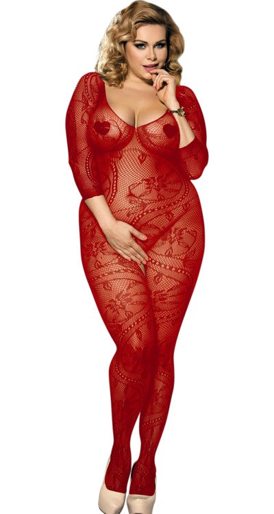 Short Sleeved Leaf Lace Bodystocking (Plus Size)