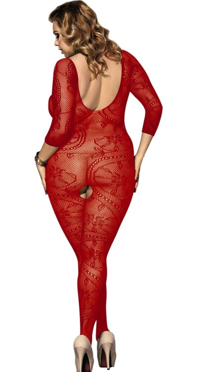 Short Sleeved Leaf Lace Bodystocking (Plus Size)