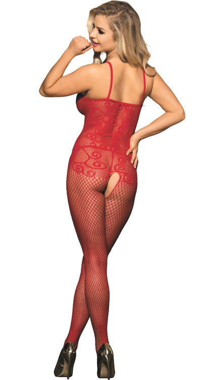 Scroll Lace Fishnet Bodystocking with Lace Trim & Bow