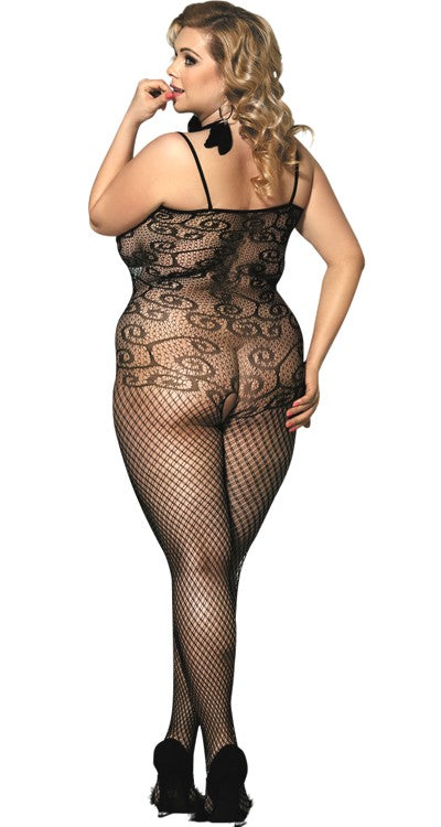 Scroll Lace Fishnet Bodystocking with Lace Trim & Bow (Plus Size)