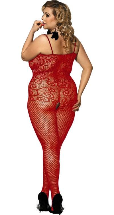 Scroll Lace Fishnet Bodystocking with Lace Trim & Bow (Plus Size)