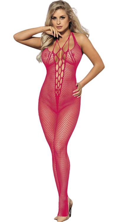 Halter Fishnet Bodystocking with Net Panel Center