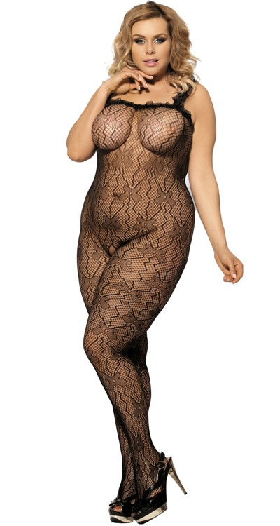 Bandage Lace Bodystocking with Ruffle Lace Trim (Plus Size)