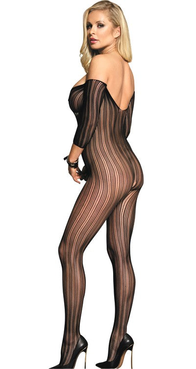 Short Sleeved Striped Lace Shoulderless Bodystocking