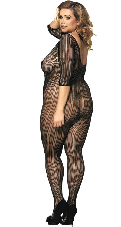 Short Sleeved Striped Lace Shoulderless Bodystocking (Plus Size)