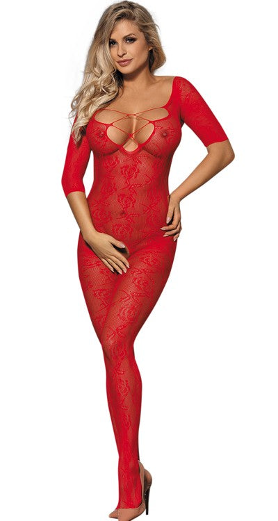 Short Sleeved Rose Lace Bodystocking