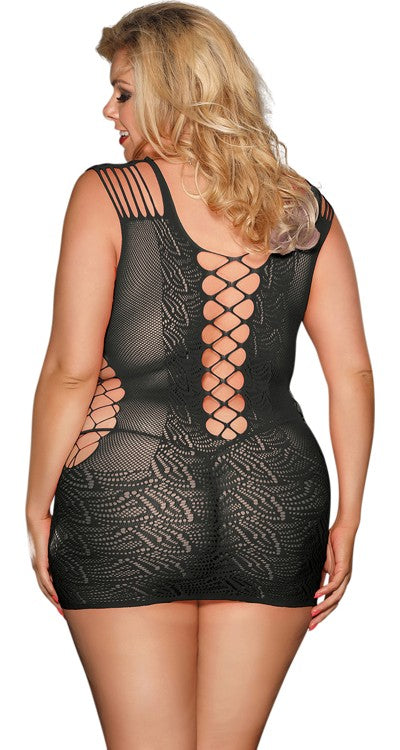 Multi Strap & Net Panel Lace Mini Dress (Plus Size)