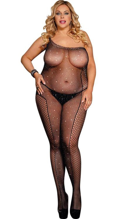 Hotfix Rhinestone One Shoulder Fishnet Bodystocking (Plus Size)