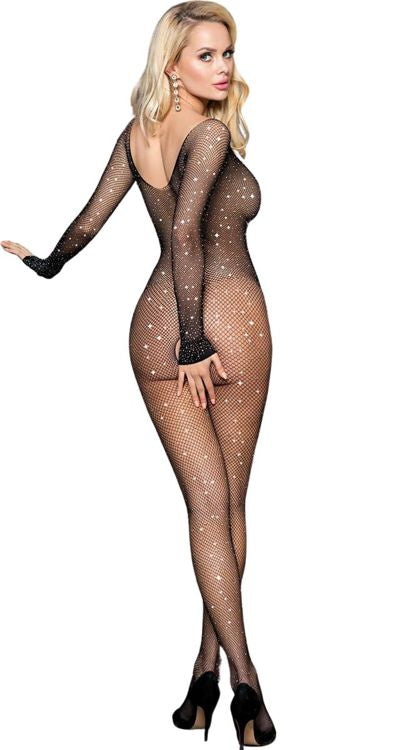 Long Sleeved Fishnet Bodystocking with Rhinestones