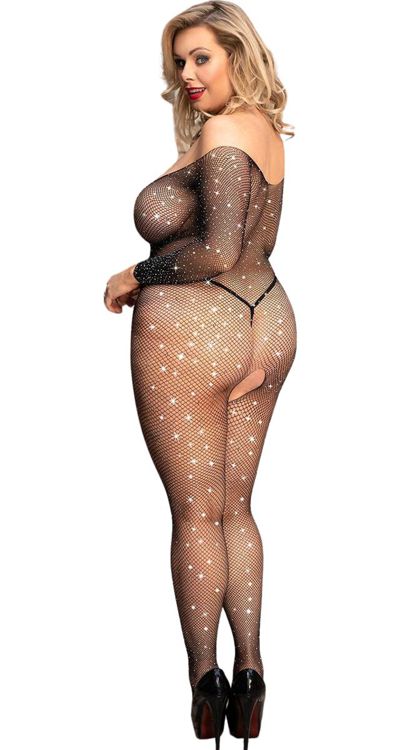 Long Sleeved Fishnet Bodystocking with Rhinestones (Plus Size)