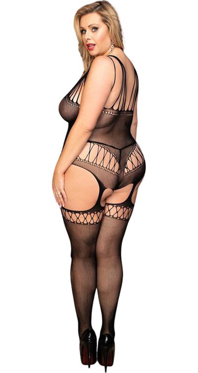 Lace Up Effect Teddy Suspender Bodystocking (Plus Size)