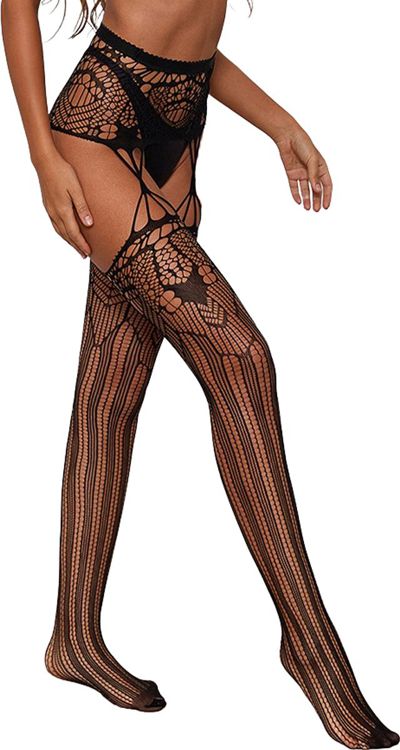 Striped Patchwork Design Suspender Tights