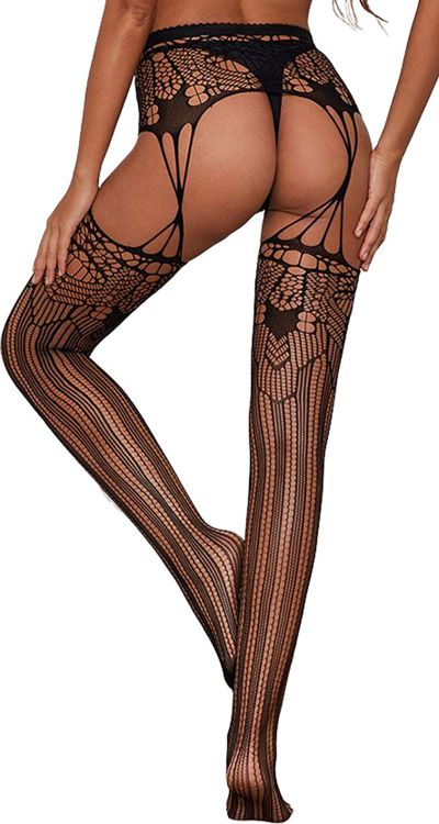 Striped Patchwork Design Suspender Tights