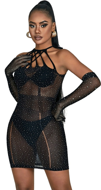 Rhinestone Fishnet Mini Dress with Gloves