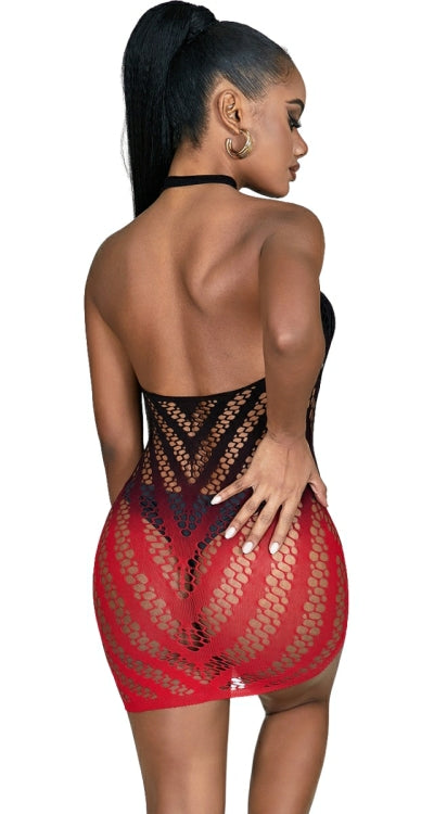 Two Tone Striped Halter Fishnet Mini Dress